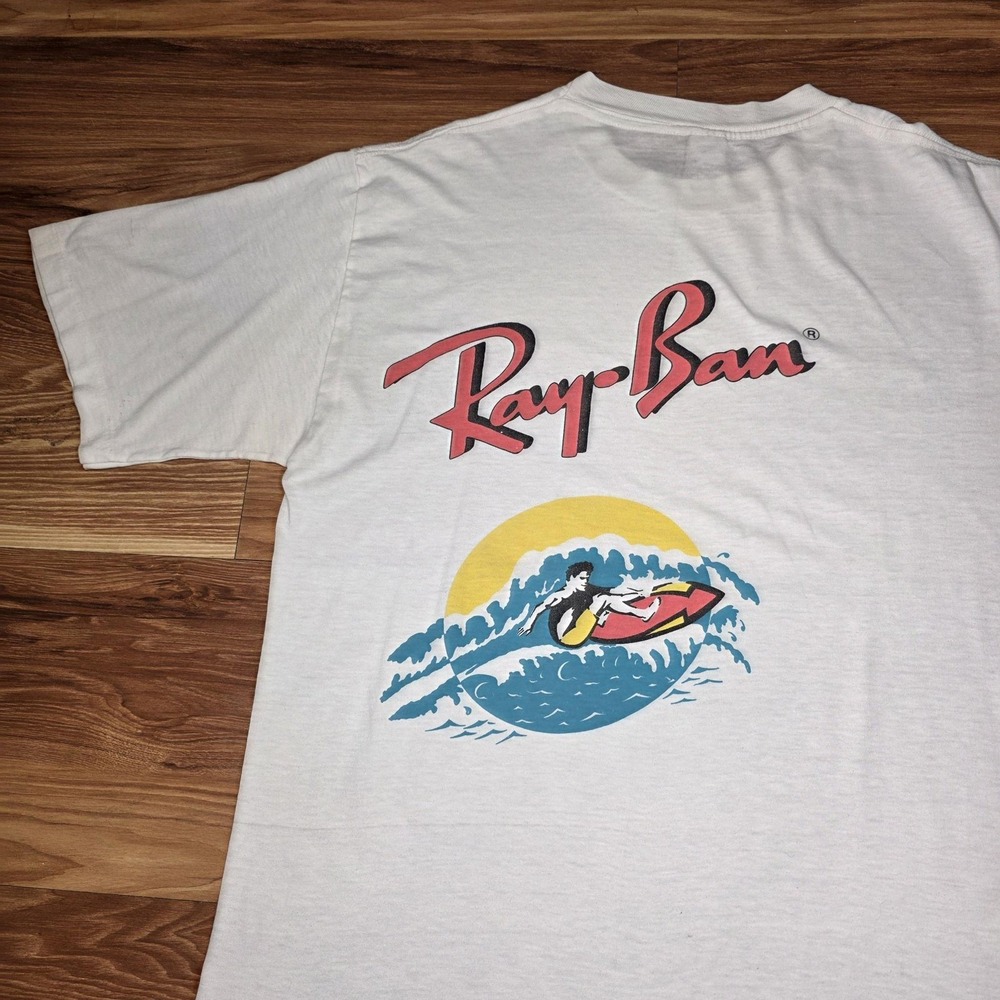 Ray-Ban Surf Graphic Vintage Shirt Mens Large White Surfer Wave Tee Made USA